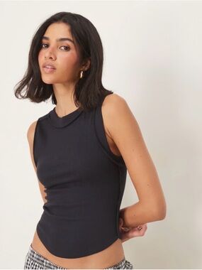 Free People Kate Ribbed Stretch Black Crewneck Tank